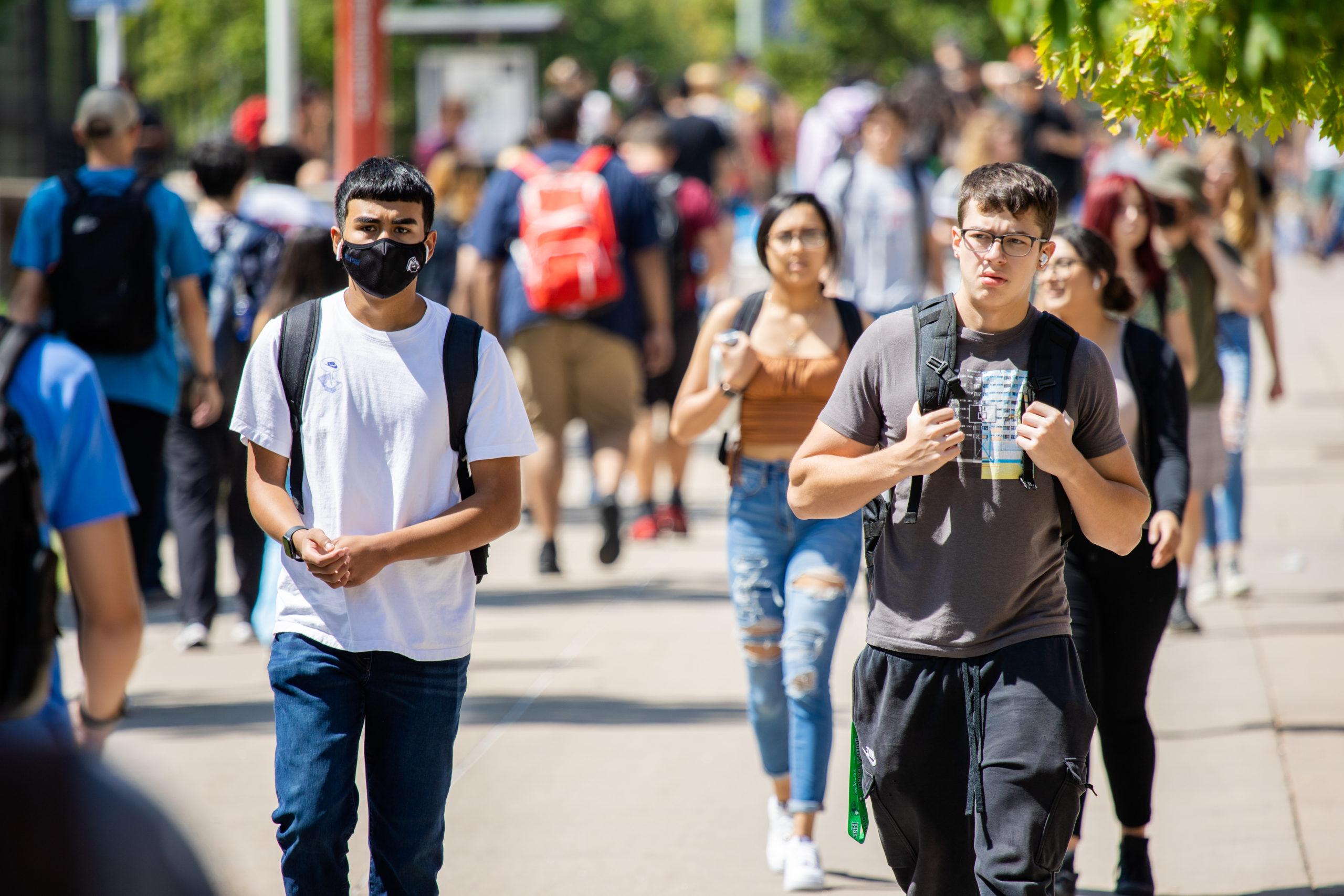 students walking on Auraria campus.